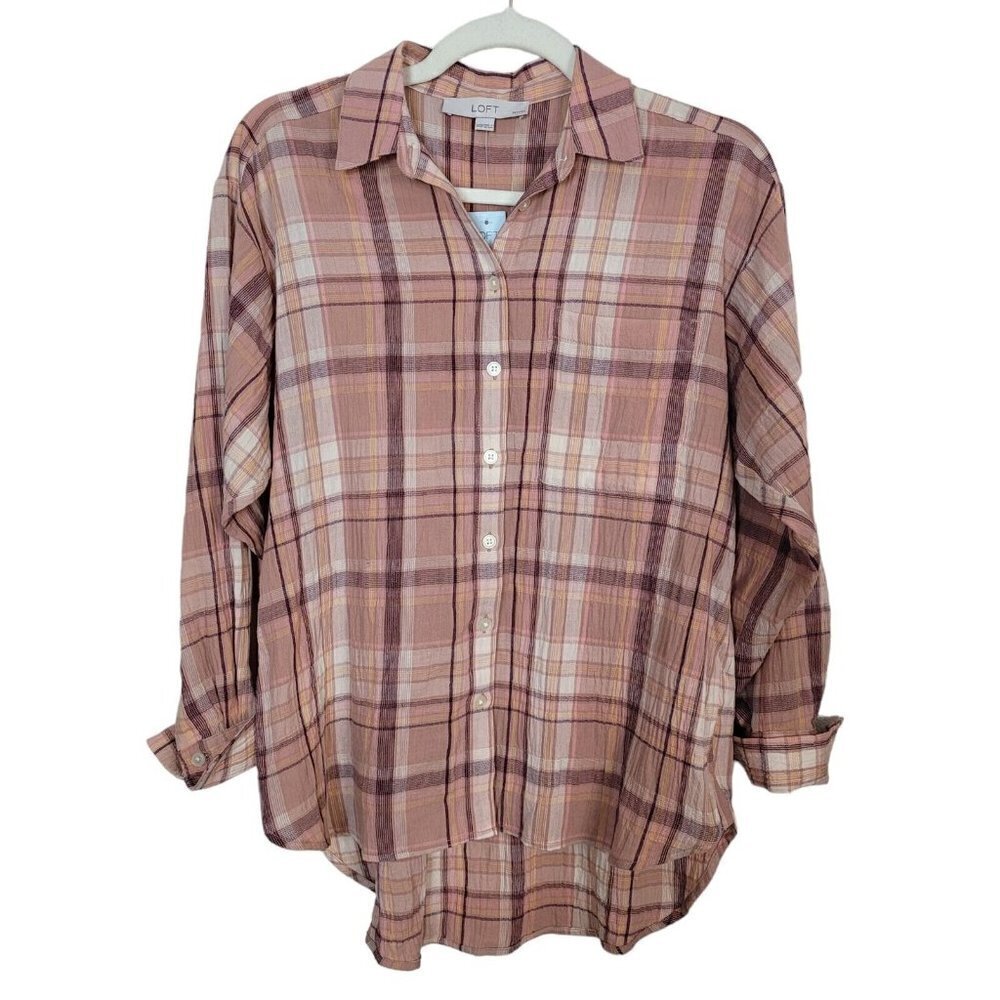 LOFT Ann Taylor Gauze Button Up Shirt Peach Plaid Casual Sz XXS Petite NEW